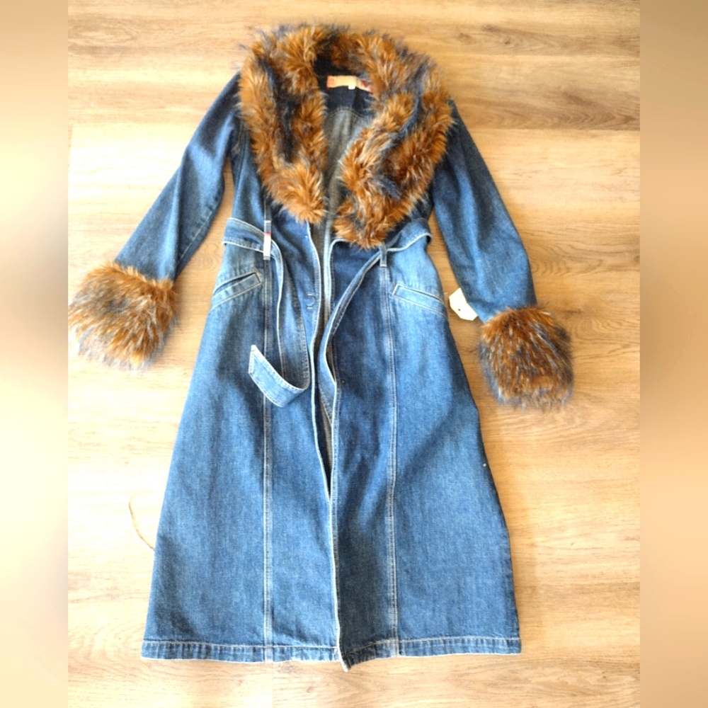 Y2K GUESS DENIM AND FAUX FUR PENNY LANE TRENCH COAT, SZ XL